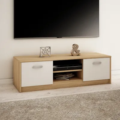 Produktbild von TV-Schrank 120cm breit Lowboard mit matter Oberfläche Fernsehtisch mit 2 Türen und 1 Regal, aus laminiertem Board sonoma weiß