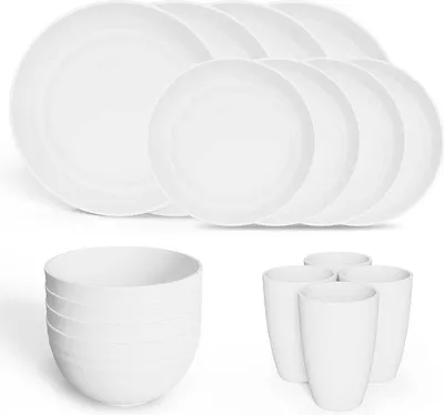 Produktbild von Famanu Campinggeschirr Set 16-teilig - Weiß, Mikrowellen- und Spülmaschinenfest