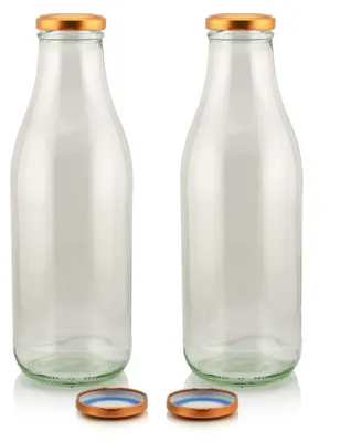 Milch Glasflaschen transparent im Set mit 2 Flaschen und Ersatzdeckeln kupfer