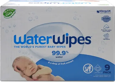 Produktbild von WaterWipes Baby Feuchttücher 99,9 Prozent Wasser, parfümfrei, 9 x 60 Stk.