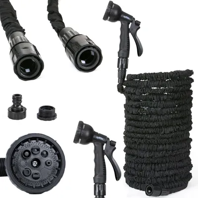 Produktbild von Grafner Gartenschlauch flexibel dehnbar Flexischlauch, 30 Meter, 3-fach Latexkern, mit 8-fach Soft-Multifunktionsbrause, KEIN PLATZEN, massive Steckverbinder, schwarz flexi Schlauch