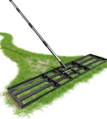 Image de Râteau à gazon réglable, 114 x 25 cm, avec manche en acier inoxydable de 1,8 m, pour jardin et pelouse