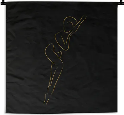 Produktbild von MuchoWow® Wandteppich Wandbehang Frau - Schwarz - Gold - Strichzeichnung 150x150 cm Tapisserie Dekoration Wandtuch - Wohnaccessoires - Modernes
