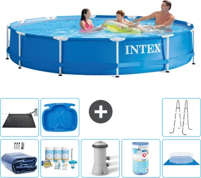 Produktbild von Intex-Schwimmbecken mit rundem Rahmen – 366 x 76 cm – Blau – im Lieferumfang enthalten Sonnensegel - Wartungspaket - Filterpumpe für Schwimmbad - Filter - Bodenplane - Solarmatte