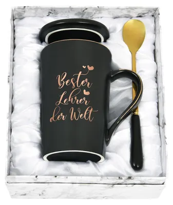Productafbeelding van Koffiemok voor leraren, 400 ml, zwart, met lepel en onderzetter, cadeauverpakking
