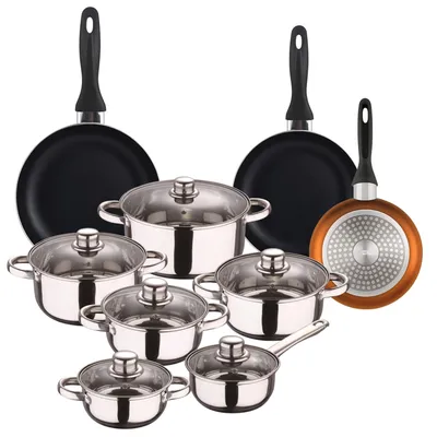 Pannenset 12-tlg. Edelstahl + 3 Pfannen Ø 16-24 cm