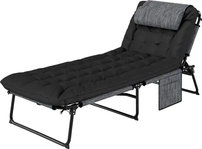 Produktbild von Sonnenliege klappbar Gartenliege mit Kopfkissen, Liegestuhl mit 4-Fach verstellbare Rückenlehne Seitentasche Schwarz