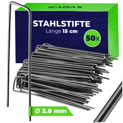 Immagine prodotto di KADAX Picchetti da terra 150 x 40 mm, 50 pezzi, picchetti da terra in acciaio zincato, ganci da terra per il fissaggio sicuro di teli antierbaccia, picchetti per griglie da prato, chiodi da terra (neri)