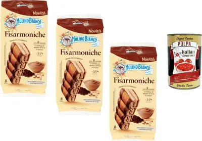 Produktbild von Mulino Bianco Fisarmoniche Kekse mit Kakao-Malzcreme 3x 264g (insg. 24 Stück) – italienisches Gebäck mit 8 Cerealien, weniger Zucker, ohne Palmöl + Italian Gourmet polpa