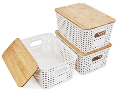 Produktbild von Aufbewahrungsboxen mit Bambusdeckel, 5 Liter, weiß, 25 x 18 x 10 cm