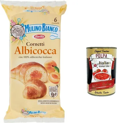 Produktbild von 8x Mulino Bianco Cornetti Croissants Aprikosen Snack Brioche ohne Zusatzstoffe und Konservierungsstoffe 6 Stück 300g + Italian gourmet polpa 400g