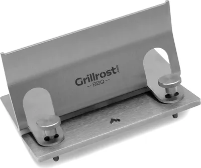 A stainless steel adapter for a flame salmon holder, designed for attachment to a gas grill.