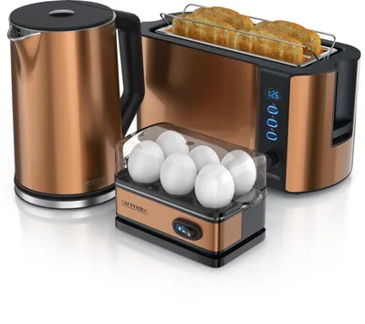 Produktbild von Arendo Frühstücks-Set, 4-Scheiben Langschlitztoaster, Wasserkocher 2200W, 6er Eierkocher, Kupfer