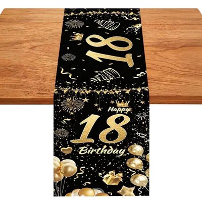 Zdjęcie produktu dla Bieżnik na stół, 18. urodziny, kolor czarny i złoty, wymiary 180x35 cm, materiał: tkanina