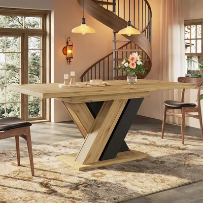 Image de Table à manger télescopique Flieks avec pieds en X, table de cuisine, pour la cuisine et le salon, table à manger couleur bois 119-158,5 x 80 x 75 cm, noir + naturel