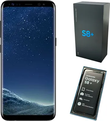 A collage of a Samsung Galaxy S8+ phone, its packaging, and a close-up of the phone in its box with feature highlights.