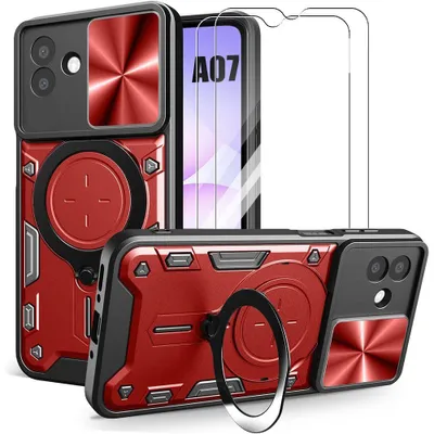 Image de Coque + 2 Verres Trempés pour Samsung Galaxy A07, Robuste avec Protection Caméra et Anneau Rotatif - Rouge