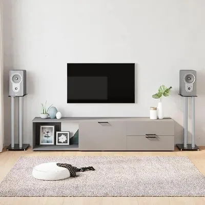 Produktbild von Lautsprecherständer 2er Set 75cm, Boxenständer aus Aluminium und gehärtetem Glas, Standfuß für Lautsprecher mit Kabelmanagement, Schwarz & Silber