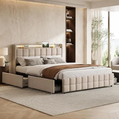 Productafbeelding van Tweepersoonsbed 140x200, bed met opbergruimte, bed met LED-verlichting en 4 lades, gestoffeerd bed met opbergruimte, kinderbed met USB-oplaadfunctie in het hoofdeinde, lattenbodem van hout (beige)