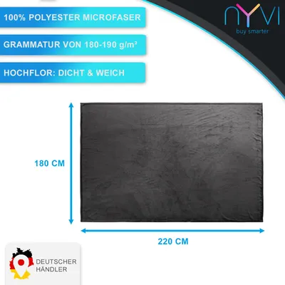 A dark gray blanket is shown with dimensions indicated by blue lines and text overlays.