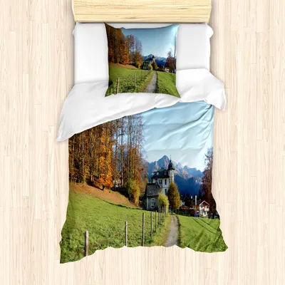 Produktbild von ABAKUHAUS Landschaft Bettbezug Set für Einzelbetten, Fußweg zum Schloss Herbst, Milbensicher Allergiker geeignet mit Kissenbezug, 135 cm x 200 cm - 80 x 80 cm, Mehrfarbig