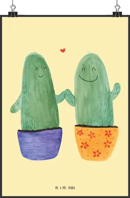 Produktbild von Mr. & Mrs. Panda Bild Kaktus Liebe DIN A2 - Gelb Pastell - Geschenk, Streit, drucke, Wandbild, Love, Kakteen, kunstdruck poster, Trennung, wanddeko, Hochzeit, Pärchen