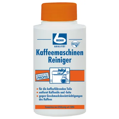 A bottle of coffee machine cleaner with an orange cap.