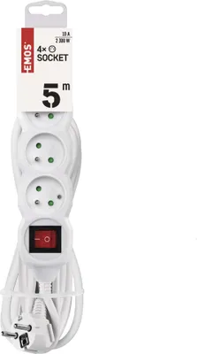 Prodlužovací kabel 5 m / 4 zásuvky / s vypínačem / bílý / PVC / 1 mm2