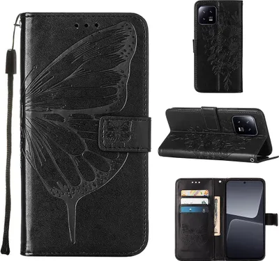 Produktbild von Lederhülle für Xiaomi 13 Schmetterling Prägung Flip Ledertasche Kartenfächer Handyhülle mit Ständer Schwarz