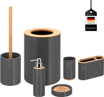 Productafbeelding van Bremermann 6-delige badkamerset SEGNO | met toiletborstel, zeepdispenser, cosmetica-emmer, zeepbakje, borstelhouder en beker, grijs
