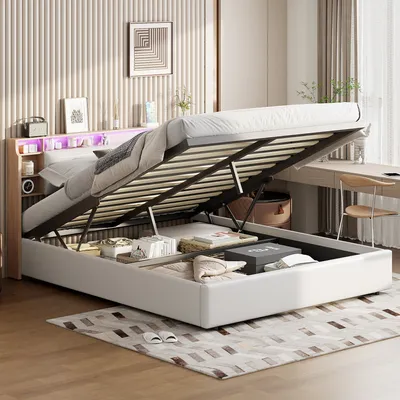 Produktbild von Gepolstertes Doppelbett 160 x 200 cm mit LED-Beleuchtung, Stauraum, funktionalem Kunstlederbezug, weiß