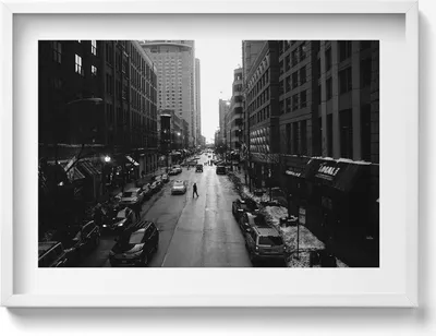 Produktbild von Schwarz-weiße Straßen von Chicago– Wandbild mit Rahmen – Gerahmtes Bild  – Wanddekoration – 70x50 cm –  Schwarz Rahmen