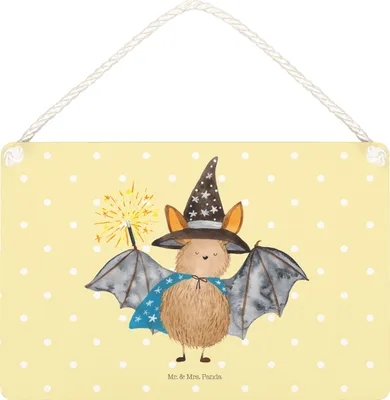 Produktbild von Mr. & Mrs. Panda Schild Fledermaus Zauberer DIN A5 - Gelb Pastell - Geschenk, sprüche, Frauen, Reinsteigern, Türschild, Lustige, wandtafel, Holzschild, Magier, holzbild