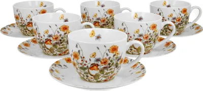 Produktbild von DUO FLORAL 6er-Set Tassen 220 ml WILD BIRD mit Untertassen, New Bone China Porzellan
