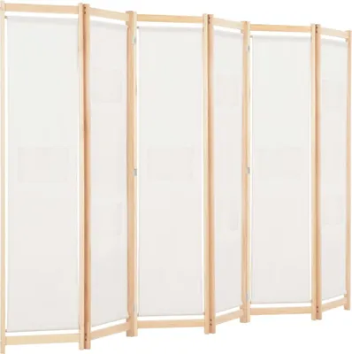A room divider with wooden frames and white fabric panels.