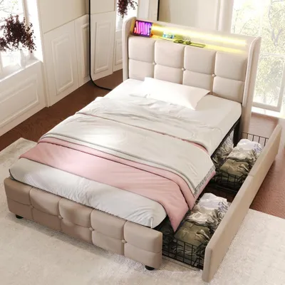 Produktbild von Polsterbett 90x200cm mit USB Ladefunktion, LED-Beleuchtung und 2 Schubladen, Bettgestell mit Kopfteil und Holzlattenrost, Beige