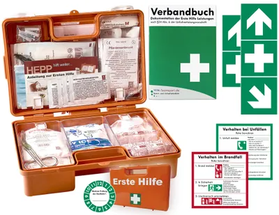 Produktbild von Verbandskoffer (K) INKL. 90° ARRETIERUNG -Paket 1- Erste Hilfe - aktuelle DIN 13157 für Betriebe -DSGVO- INKL. PERF. VERBANDBUCH + Folienaufkleber