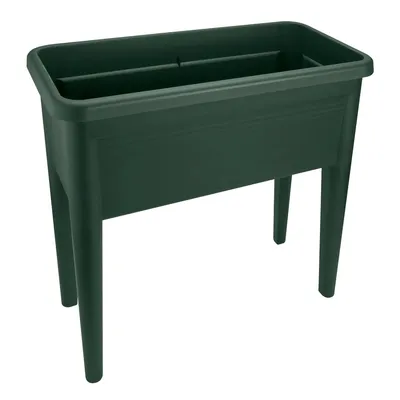 A dark green raised garden bed with four legs, shown from a three-quarter angle against a white background.