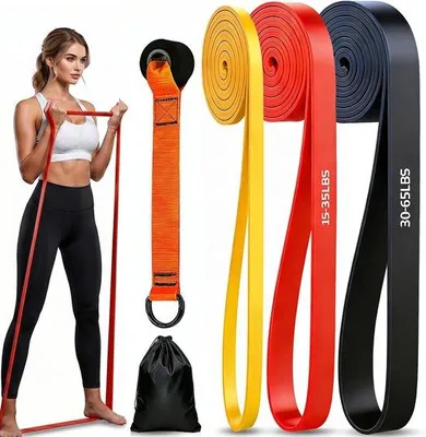 Zdjęcie produktu dla Zestaw 3 gum do ćwiczeń z uchwytami - Elastyczne gumy do treningu siłowego - 4,5 mm TPE - Do 68 kg (150 funtów) - Idealne do fitnessu
