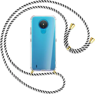 Produktbild von Handykette Backcover-Schutzhülle mit Band (Metall goldfarben) für Nokia 1.4 - schwarz/weiß gestreift