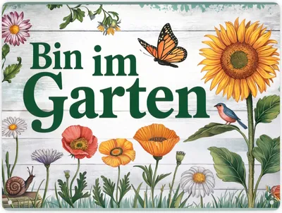 Produktbild von Bin im Garten Metallschild XXL in 28x38 cm mit Schmetterling und Blumen