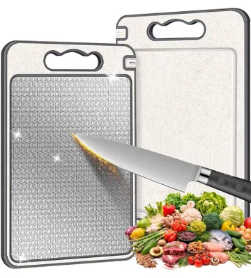 Produktbild von Küchenschneidebrett aus Edelstahl, doppelseitiges Schneidebrett für Fleisch und Gemüse, diamantstrukturierter Edelstahl 304