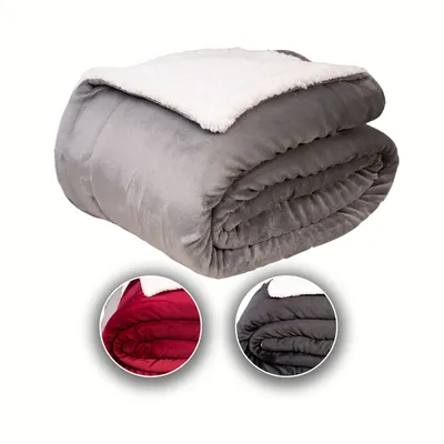 A folded gray blanket with a white sherpa lining is shown. Below it are two circular insets showing the same blanket in red and black.