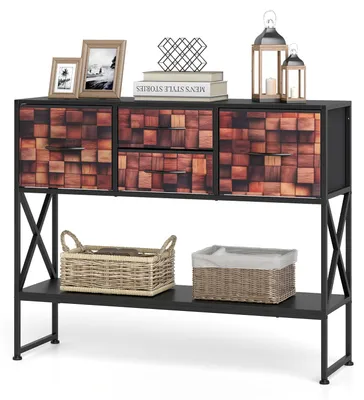 Produktbild von COSTWAY Konsolentisch, Eingangtisch mit 4 Stoffschubladen, Regal & Metallrahmen, Sofatisch mit Holz-Mosaikmuster, Flurtisch, Beistelltisch, Kaffee