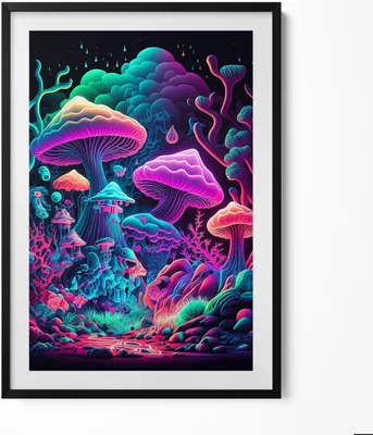 Produktbild von Neon-Pilze– Wandbild mit Rahmen – Gerahmtes Bild  – Wanddekoration – 70x100 cm –  Schwarz Rahmen
