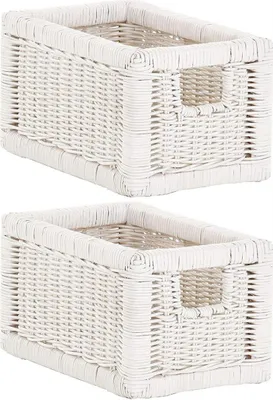 Zdjęcie produktu dla KRINES HOME Solidny zestaw / 2 Kosz na półki z drewnianą ramą Szuflada z prawdziwego rattanu / Szuflady Pojemnik do przechowywania Kosz na półki Kosz do szafki Uchwyt (biały, zestaw 20x32x17)
