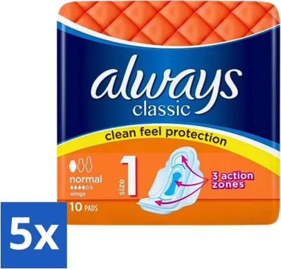 Zdjęcie produktu dla Always Classic – podpaski higieniczne – normalne z skrzydełkami – 10 podpasek higienicznych – opakowanie ekonomiczne – 5 sztuk