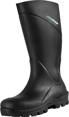 A black safety boot on a white background.