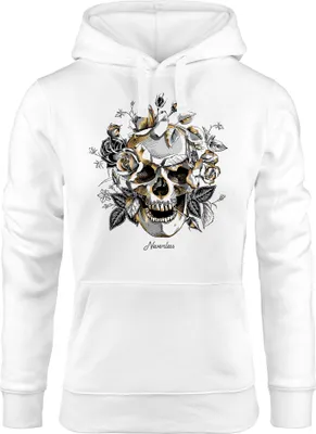 Produktbild von Hoodie Damen Totenkopf Rosen Skull Roses Schädel Kapuzen-Pullover Frauen Neverless® weiß M