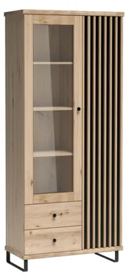 Obrázek produktu pro Skleněná vitrína, stojací, barva: dub, lamely, zásuvky, osvětlení, rozměry: 87 x 191 x 41 cm